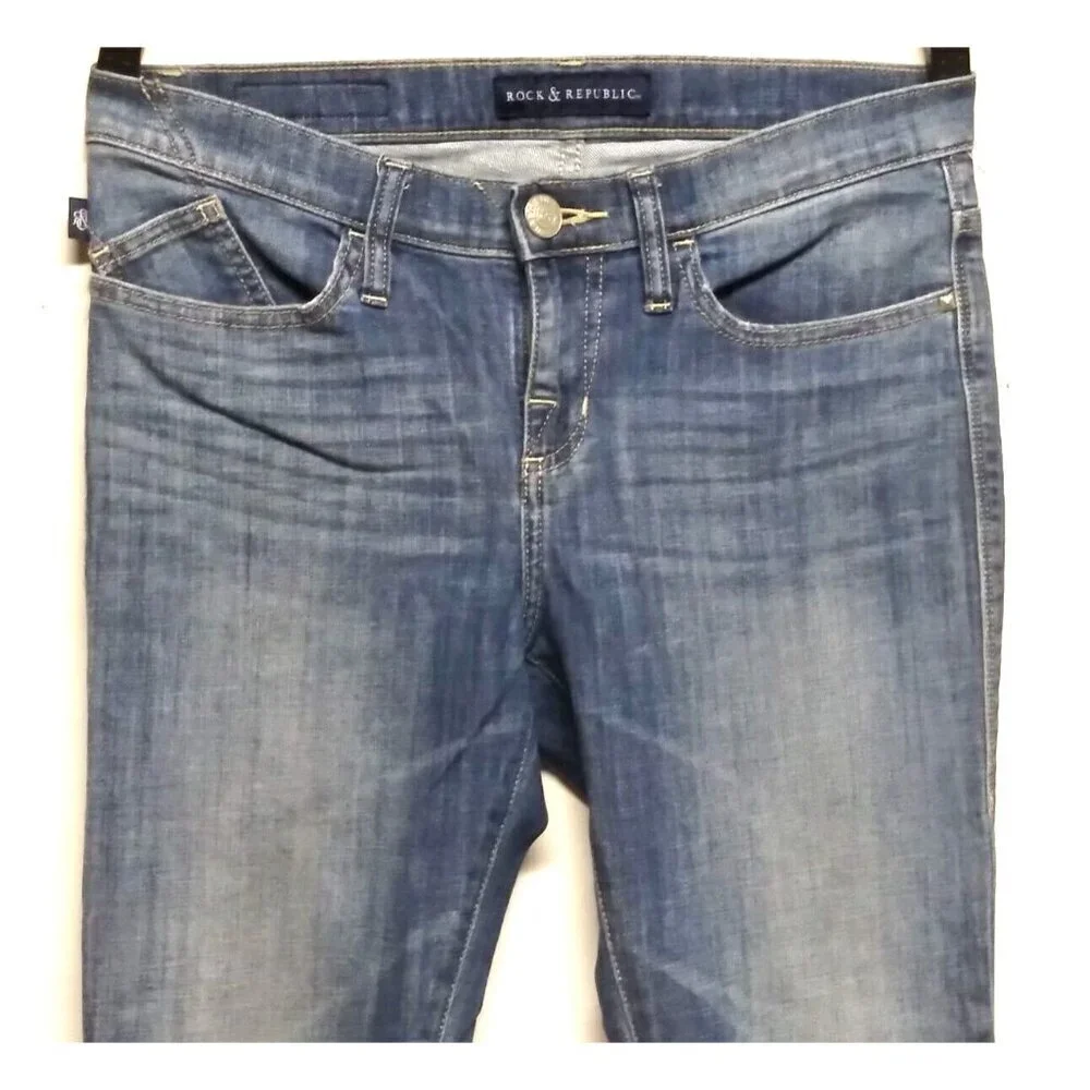 Rock & Republic Kendall Capri Jeans Sz 6 Blue Stretch Denim 32X27 embroidered EC